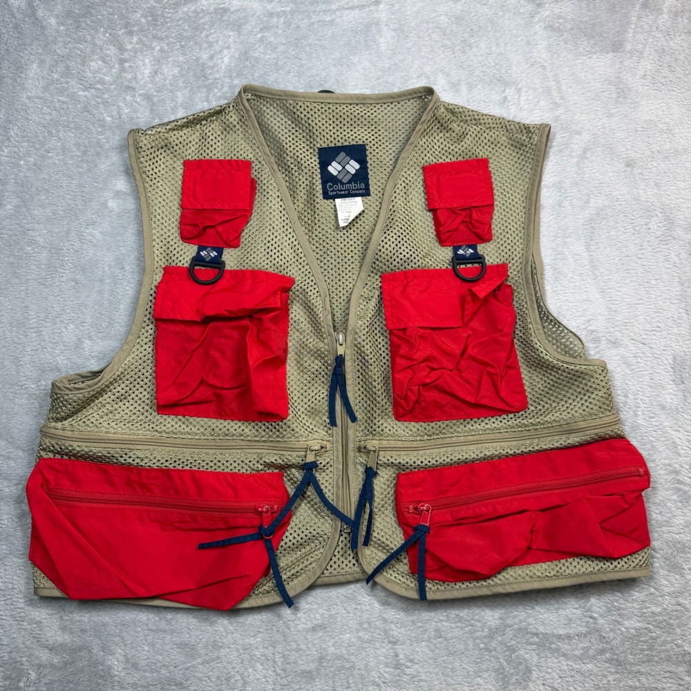 Vintage Columbia Fishing Vest Mens Large Beige Red Mesh Pockets Gorpcore 90s